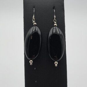 Sterling Silver Large Black Stone Dangle Earrings A4318
